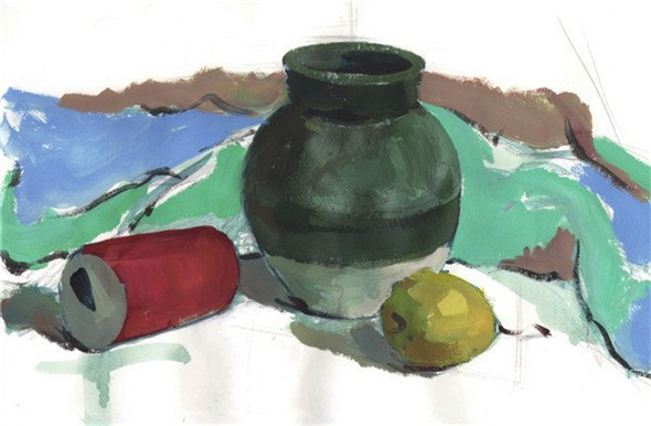 静物水粉画：手绘静物罐子组合画绘画步骤