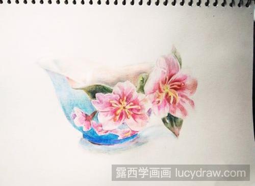 彩铅画教程：怎么画樱花瓷碗