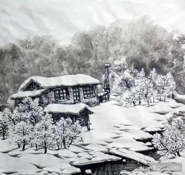 国画深山雪景图画法教程