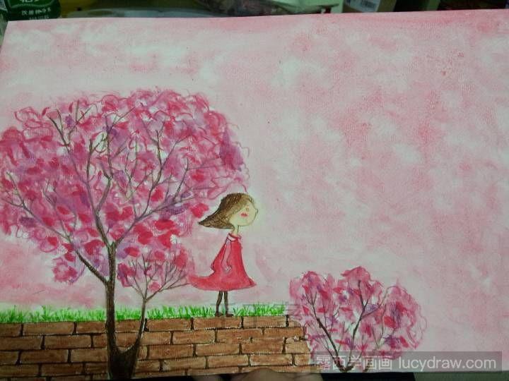水彩画粉色春天画法教程