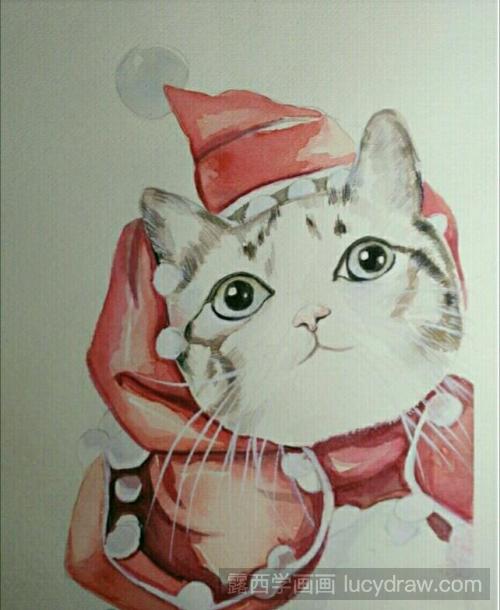 圣诞猫水彩画教程