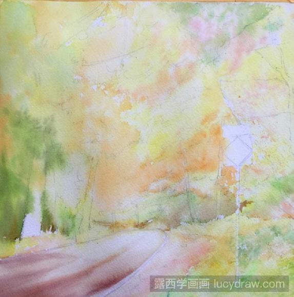 水彩画树林和路的画法教程