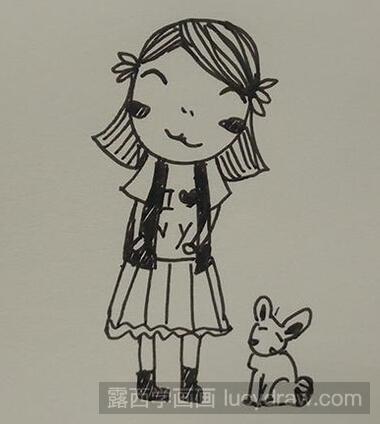 简笔画女孩和小动物