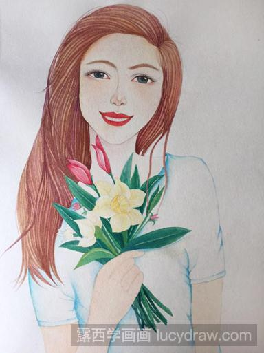手绘人物插画教程：花与少女的画法