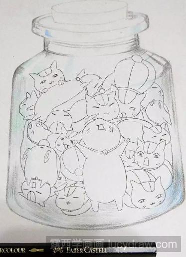 手绘彩铅插画一瓶小猫步骤教程