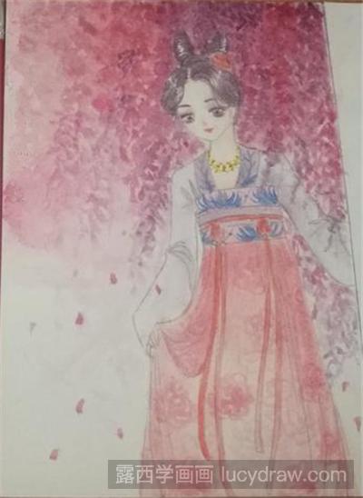 水彩画教程：紫藤花下的古风少女