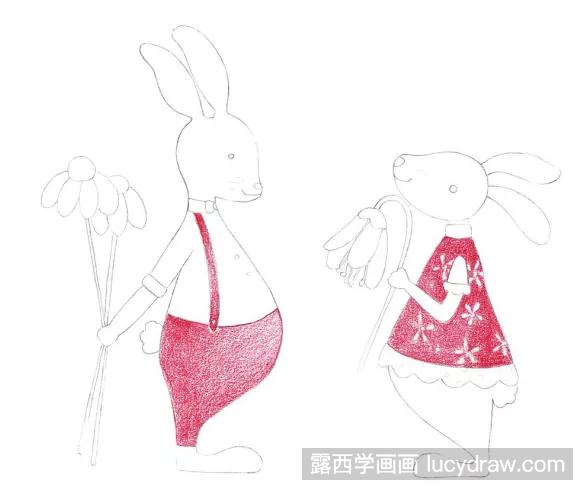彩铅手绘插画教程：情侣兔子的画法