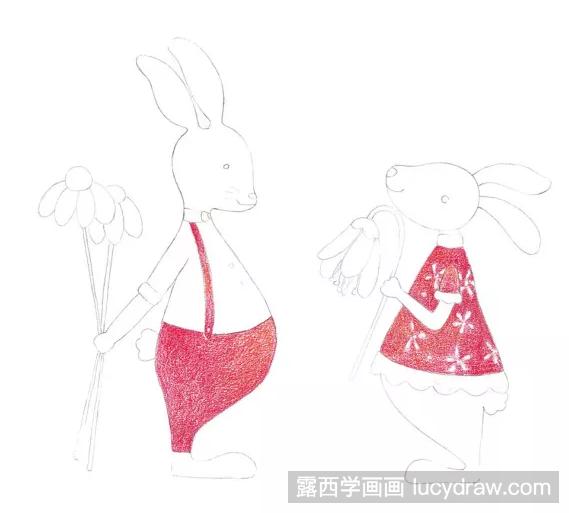 彩铅手绘插画教程：情侣兔子的画法