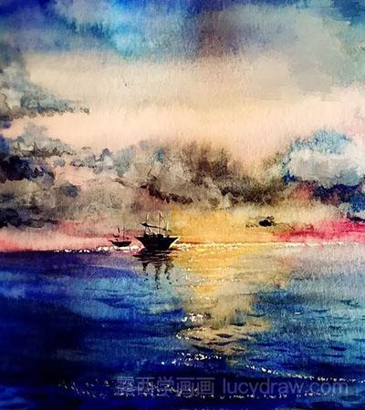 水彩画教程-怎么绘制夕阳与船