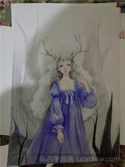 彩铅画教程：教你画麋鹿姑娘