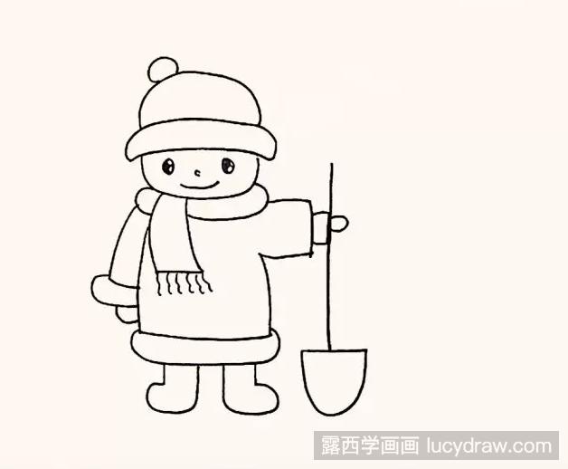 儿童画推雪人的小男孩步骤教程