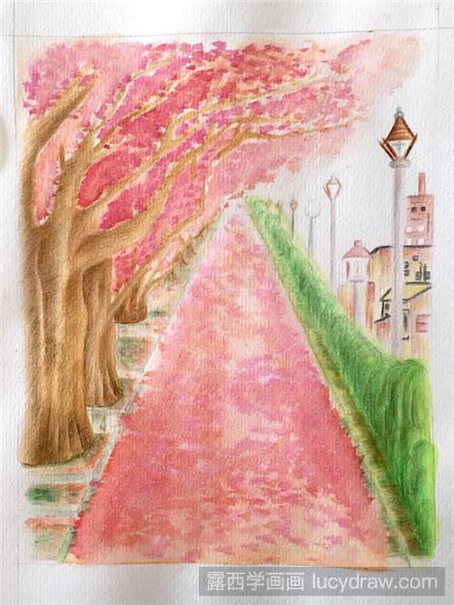 水彩画教程：布满樱花的街道