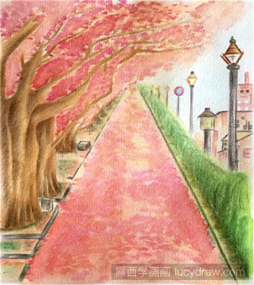 水彩画教程：布满樱花的街道