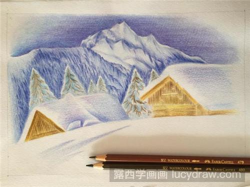 彩铅画教程：雪山木屋