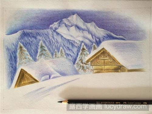 彩铅画教程：雪山木屋