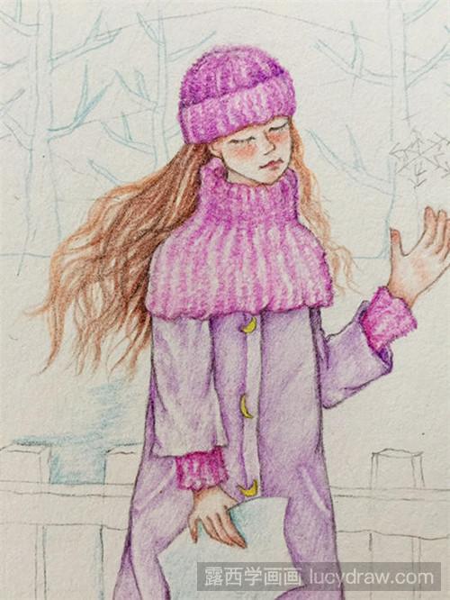 彩铅画教程:雪中女孩