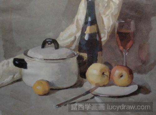一组静物的水粉画教程：搪瓷锅、红酒、苹果、水果刀
