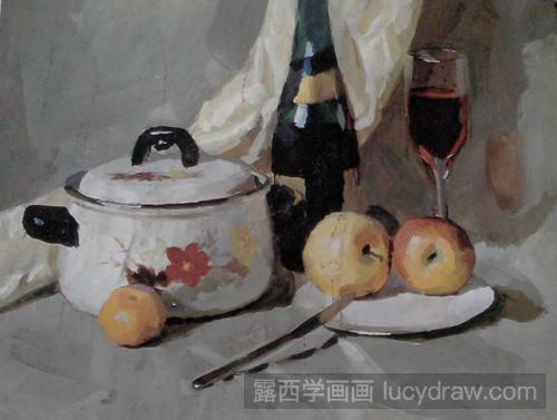 一组静物的水粉画教程：搪瓷锅、红酒、苹果、水果刀