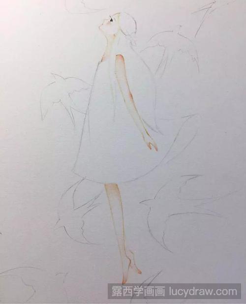 彩铅画教程：燕子围绕的小女孩