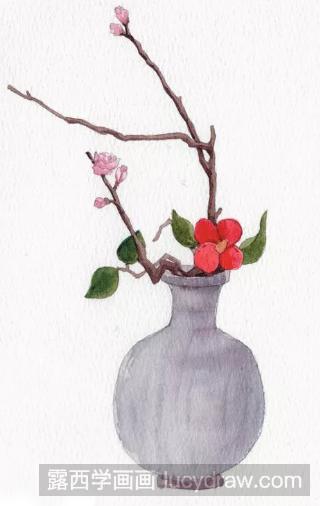 红梅盆栽水彩画教程