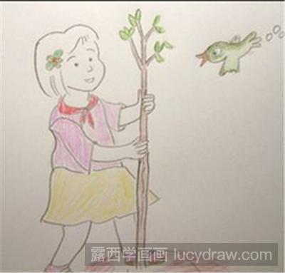 儿童画教程：植树的小女孩