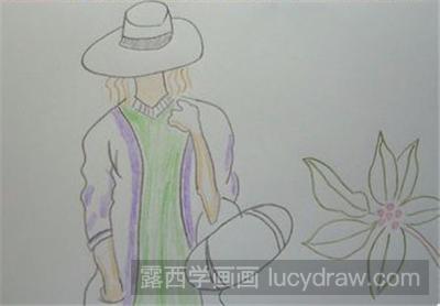 儿童画教程：戴帽子赏花的姑娘