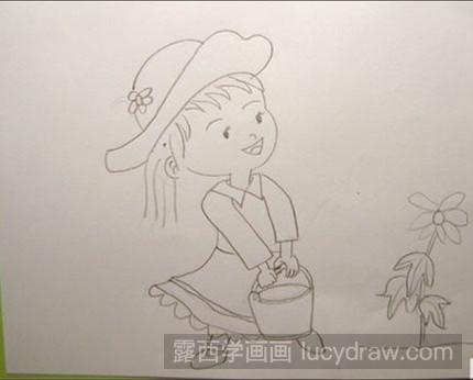 儿童画教程：教你画浇花的小姑娘