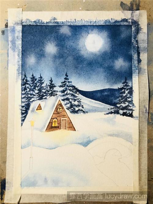 水彩画教程：雪夜木屋