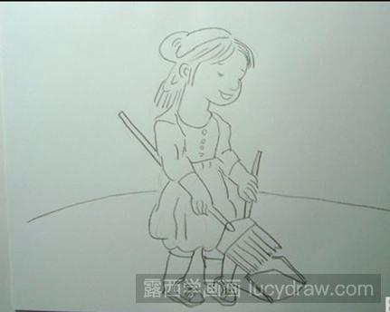 1,用铅笔在白纸上画出整个画面的草图,一个小女孩和打扫卫生的工具