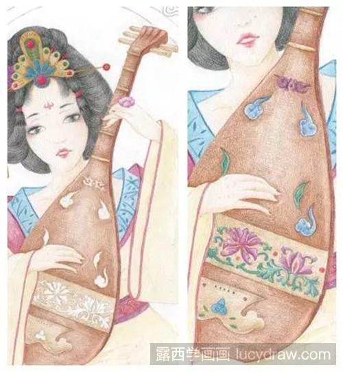 彩铅画教程：弹琵琶的古风女子