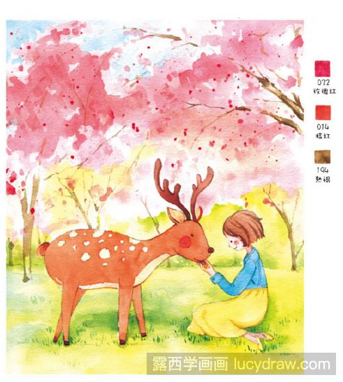 鹿与女孩水彩画教程