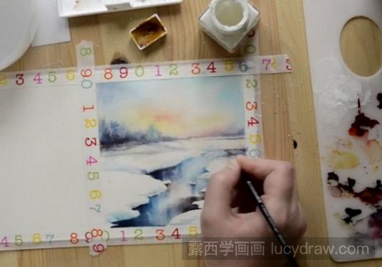 水彩画河流雪景步骤教程