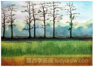 水彩风景画教程：乡村小路的树
