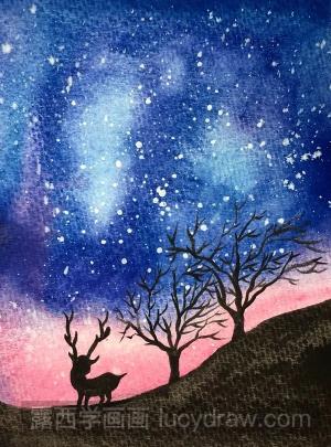 星空与鹿水彩画教程