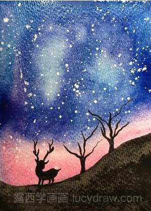星空与鹿水彩画教程