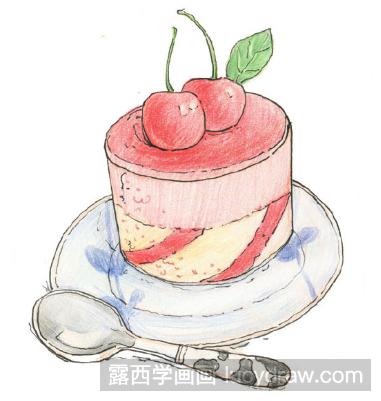彩铅画教程：怎么画樱桃蛋糕