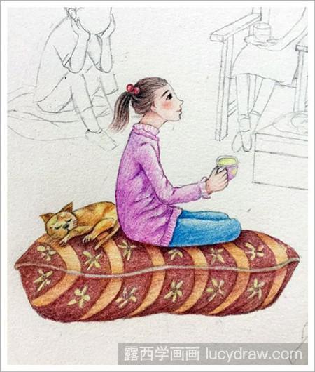 彩铅画坐着的女孩怎么画