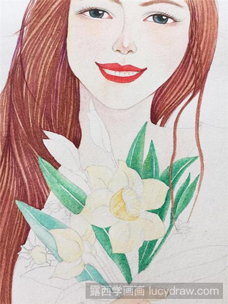 水彩画手拿鲜花的少女怎么画