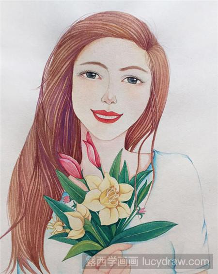 水彩画手拿鲜花的少女怎么画