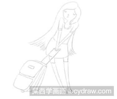 拖着行李箱的女孩彩铅画