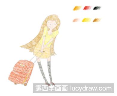 拖着行李箱的女孩彩铅画