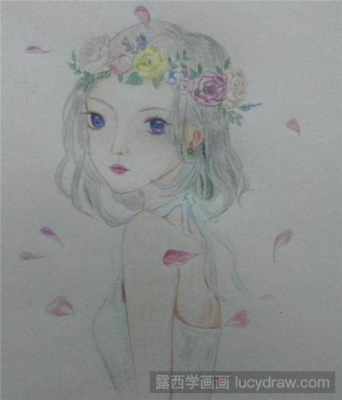 花环少女彩铅画教程