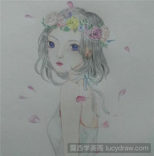 花环少女彩铅画教程