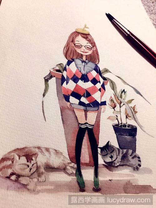 少女和猫咪水彩画教程