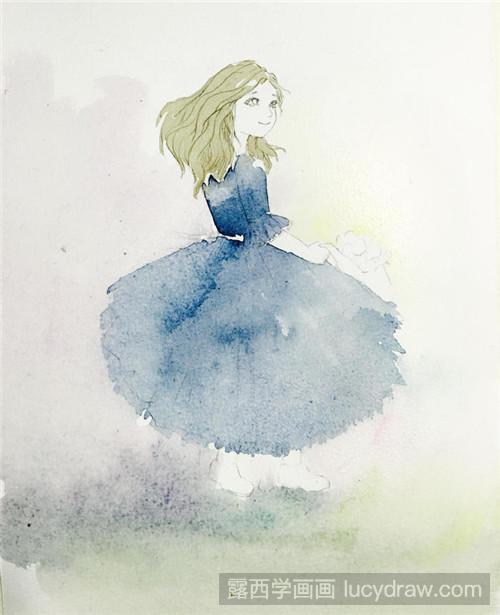 水彩画教程：穿蓝纱裙的小姑娘