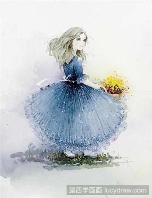 水彩画教程：穿蓝纱裙的小姑娘