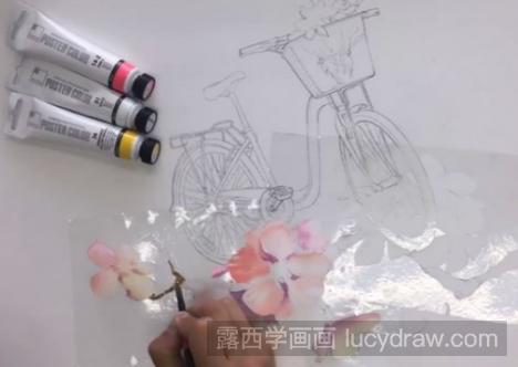 水彩画自行车与花枝步骤教程