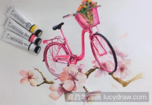 水彩画自行车与花枝步骤教程