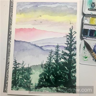 水彩画教程：教你画远山和树