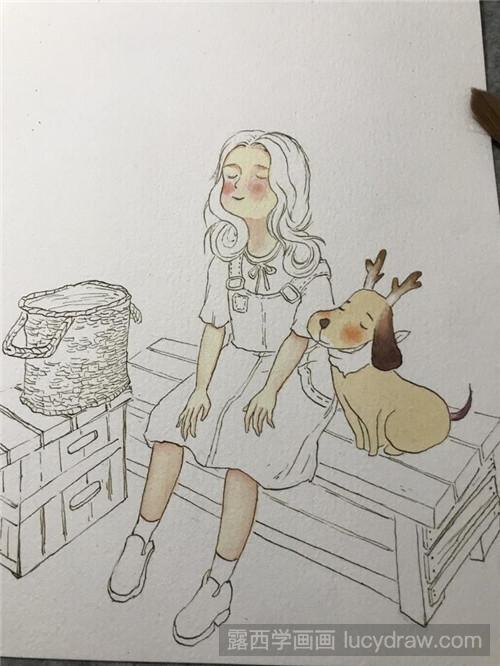 女孩和狗水彩画教程